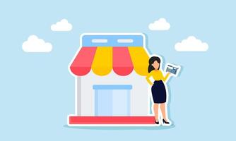 A businessman vlogs or records himself next to a store, illustration of the promotion of the marketplace business he has built. vector
