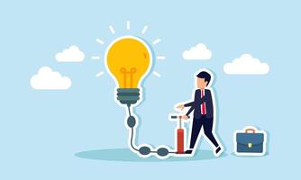 A businessman pumps up a light bulb, illustrating a trigger for brainstorming innovation and new ideas vector