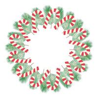Christmas tree evergreen twigs, candy cane and snowflakes Festive Round Frame border Template idea. Copyspace. Isolated illustration Cards, poster, leaflets, banner, greeting, tag, label or web vector