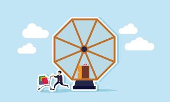 A businessman pushes a shopping cart out of a Ferris wheel, illustrating a break from work for self-reward. vector