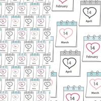 Calendar pages with date February, March, April 14 and heart shape stroke Seamless pattern Set of 2. Isolated illustration Greeting background or wallpaper, wrapping or web, card, poster, label vector