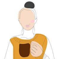 Young girl in warm sweater hold mug with hot drink. Outline image with colorful spots in boho style. Isolated illustration Themed cards, posters, banner, leaflets, label or web promo, greetings vector