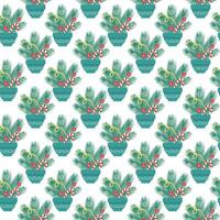 Fir tree twigs with striped Candy cane, Christmas toys and snowflake in flower pot Seamless pattern. Isolated illustration Wrapping, wallpaper or web, banner, greetings or invitation background vector