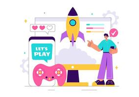 Illustration of Console Gamers Using Controllers on Android and Computer in Flat Cartoon Style vector