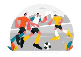 Soccer, Futsal, or Football Illustration with Players in Action, Shooting and Dribbling in a Flat Cartoon Style Background vector