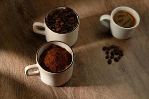 Table Top View of Coffee Beans and Cup photo