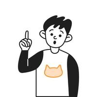 Surprised boy finding problem solution line icon. Child raising finger having creative character illustration on white background vector