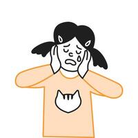 Crying preteen girl touching face with hands line icon. Upset kid copes with negative emotions character illustration on white background vector