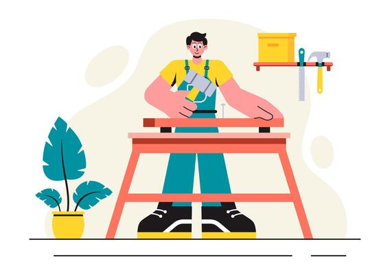 Woodworking Process Illustration Featuring Craftsmen and Tools in Furniture Manufacturing with a Flat Style