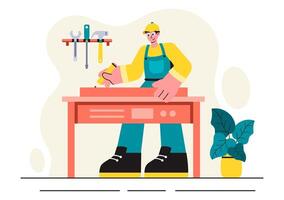 Furniture Makers Illustration with Workers Using Tools for Woodworking in a Flat Cartoon Background vector