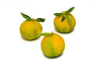 Three yellow-green mandarins stacked in a pyramid shape isolated on a white background. photo