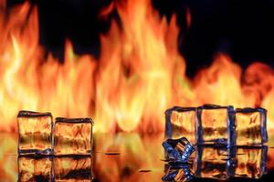 highlighting heat and cold dynamics , Block of ice on fire with ice melting photo