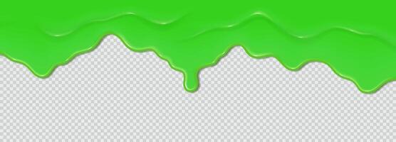 Green goo dripping realistic illustration. Slime substance flow. Shiny blob fluid drops 3d element on checkered background vector