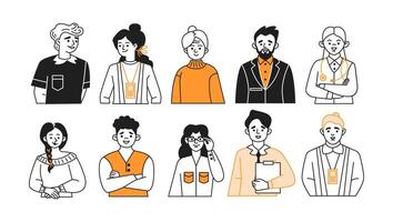 Various jobs avatars doodle line and color illustration set. Specialists in different industries linear sketch people collection vector