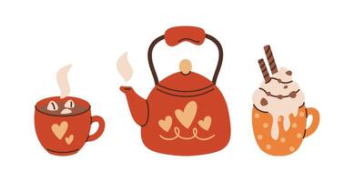 Steaming kettle with cocoa mugs flat color objects set. Christmas hot chocolate with marshmallows and whipped cream illustrations on white vector