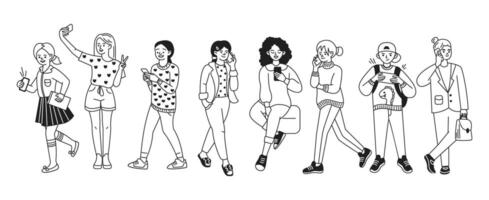Young people using smartphones linear icons set. Characters enjoy modern devices for life simple illustration collection on white vector