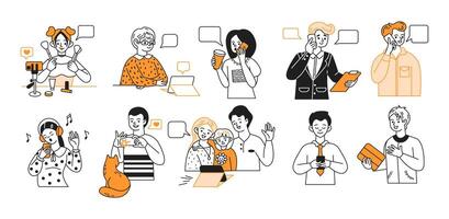 Diverse people using modern devices color line icon set. Group of adults enjoying opportunity of gadgets characters collection vector