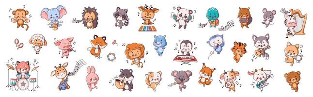 Adorable animals with instruments flat color style set. Kawaii musicians collection during lively performance on white background vector
