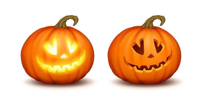 Lit and dark smiling jack-o-lanterns realistic color icons set. Halloween pumpkins creating spooky atmosphere 3d characters illustrations vector