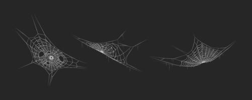 Spider webs handing in dark space realistic icons set. Halloween design for spooky atmosphere 3d objects illustrations on black vector