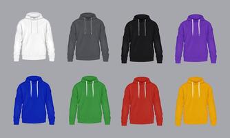 Multicolor mockup hoodies realistic illustration set. Comfortable sports attire with brand template 3d models on grey background vector