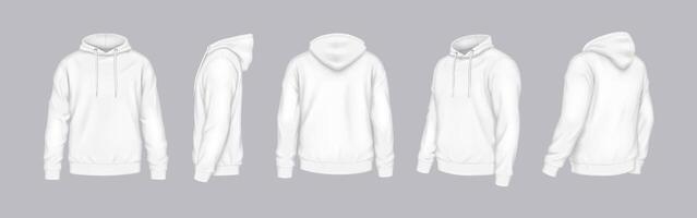 Mockup white hoodies of different perspectives realistic illustration set. Casual outfit with logo mockup 3d models on grey background vector