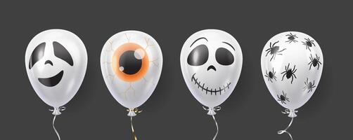 Air balloons with Halloween designs realistic color icons set. Ghost eyeball skull and spiders patterns 3d objects illustrations on black vector