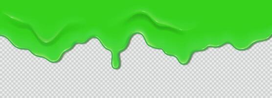 Green flowing toxic slime. Liquid wave of paint or sauce on checkered background. 3d realistic illustration. Halloween design. Flowing molten clot. Top horizontal border of the frame vector