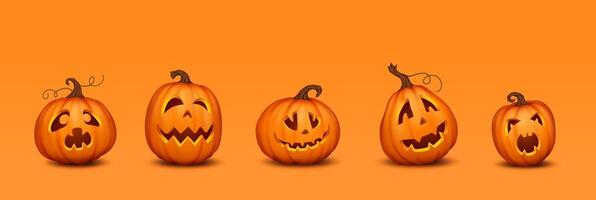 Pumpkins with frightening grimaces realistic color icons set. Halloween holiday jack-o-lantern 3d characters on orange background vector