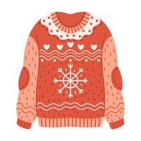 Warm sweater for Christmas holiday flat color object. Jumper with hearts and snowflake creates festive mood illustration on white vector