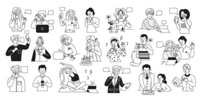 Diverse people using smartphones and computers linear icons set. Users at various online activities characters illustrations collection vector