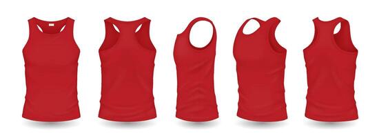 Red men sleeveless shirts with mockup design realistic illustration set. Clothes with space for brand 3d models on white background vector