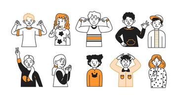 Group of children expressing various emotions with gestures icons set. Teenagers showing different feelings on white background vector