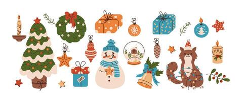 Christmas and new year decorative elements flat color objects set. Cozy atmosphere pf winter holidays with family illustrations on white vector