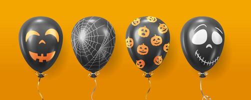 Balloons with Halloween ornaments realistic color icons set. Web skull and pumpkins patterns 3d objects illustrations on orange background vector