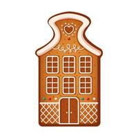 Homemade gingerbread house decorated with cream on roof flat color object. Christmas cookie with heart on top illustration on white vector