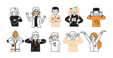 Children show various emotions with gestures icons set. Kids express different feelings with facial expressions on white background vector
