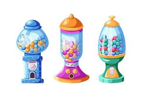 Vending machines of different designs with gumballs and chews flat color icons set. Round glass containers with candies illustrations bundle vector