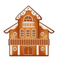 Fairytale gingerbread house with icing decor flat color object. Winter theme cookies creating Christmas atmosphere illustration on white vector
