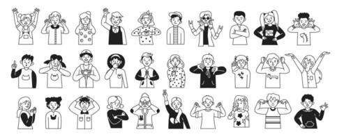 Boys and girls expressing various emotions linear icons collection. Kids showing nonverbal communication and body language characters set vector