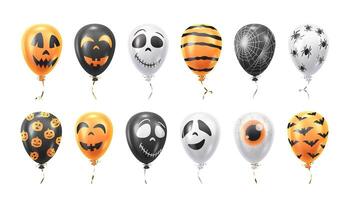 Air balloons with Halloween symbols realistic color icons set. Spooky party inflatable decor 3d objects illustrations on white background vector