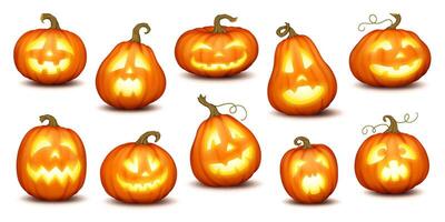 Illuminated jack-o-lanterns with scary grimaces realistic color icons set. Traditional Halloween pumpkins symbols 3d characters bundle vector