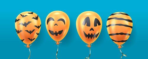 Orange Halloween balloons with spooky faces and bats realistic color icons set. Festive party design 3d objects illustrations on blue vector
