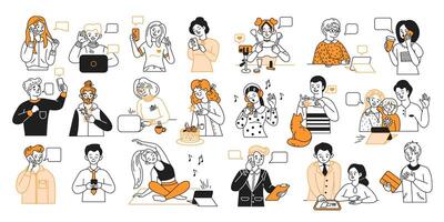 People using smartphones in various situations color line icons set. Adults with smartphones everyday life characters collection vector