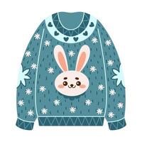 Cozy Christmas sweater with bunny face flat color object. Warm apparel for festive atmosphere illustration on white background vector