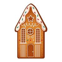 Gingerbread house decorated with icing flat color object. Tasty cookie creating cozy holiday atmosphere illustration on white background vector