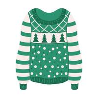 Green Christmas sweater with trees and snowflakes patterns flat color object. Winter clothes for holidays on white background vector