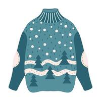 Wool Christmas sweater with snowy forest flat color object. Warm jumper creating festive mood illustration on white background vector