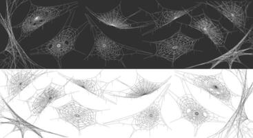 Mystery spiderwebs Halloween decor realistic icons set. Spooky cobweb patterns 3d objects illustrations on contrast backgrounds vector