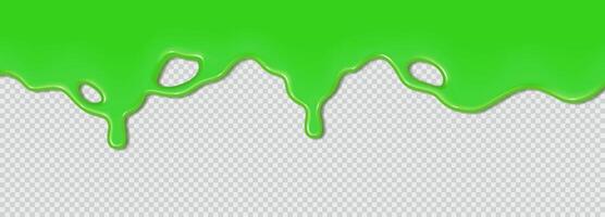 Green flowing toxic slime. Liquid wave of paint or sauce on checkered background. 3d realistic illustration. Halloween design. Flowing molten clot. Top horizontal border of the frame vector
